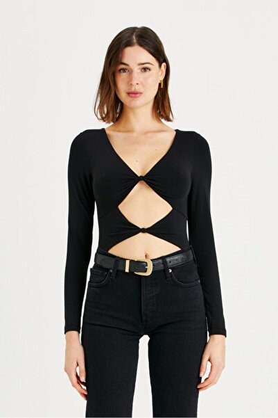 IAMNOTBASIC Дамски черен боди с двойна връзка отпред Amanda