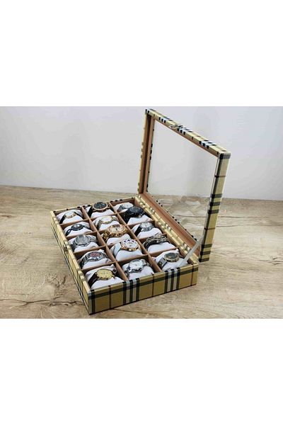 Kelepir Fırsatlar Special Handmade Plaid Patterned Burberrys Model 15 Eyes Large Wristwatch Box