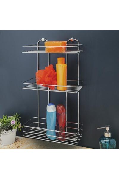 Evistro Dikdörtgen Banyo Rafı Şampuanlık Paslanmaz Krom 3 Katlı