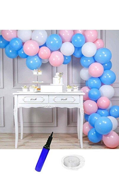 BalonEvi Beyaz Açık Mavi Pembe Doğum Günü Balon Zinciri 62 Parça