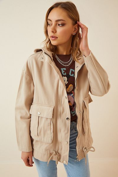 Happiness İstanbul Cremefarbener Oversize-Gabardine-Mantel mit Kapuze für Damen RV00009