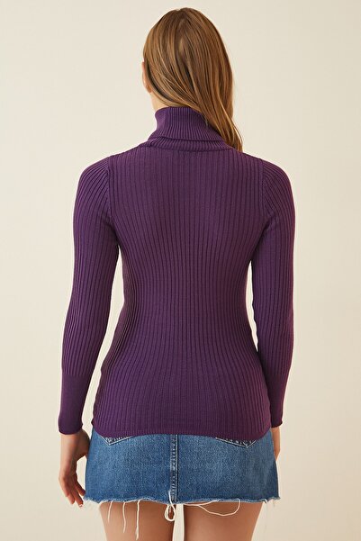 Happiness İstanbul Női szilva garbó bordás Lycra pulóver DD01007