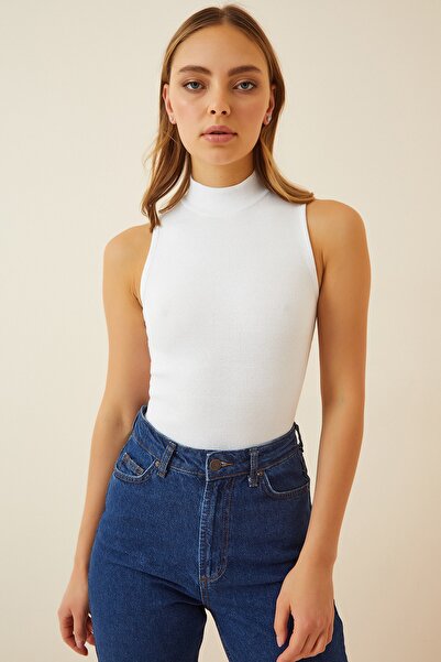 Happiness İstanbul Damen-Bluse mit Rollkragen, ärmellos, 2er-Pack, grau-weiß, gestrickt, GT00012