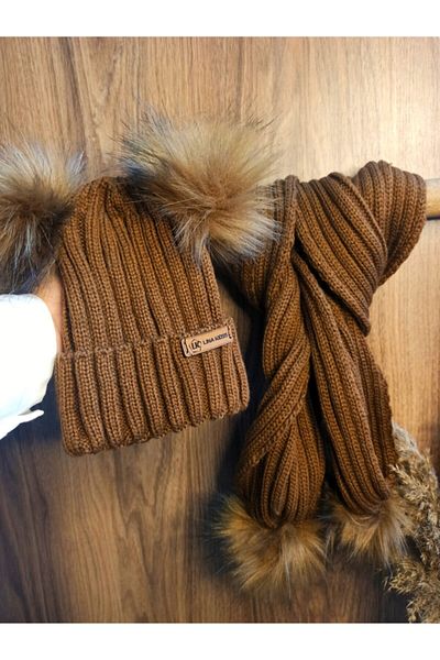 Lina Kids Светлокафяв детски комплект шапка с шал (6 месеца - 10 години)