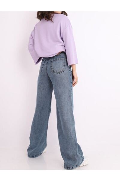 LİMABEL Blue Snow Wash Palazzo blugi cu talie foarte înaltă Blugi largi Lycra picior lat