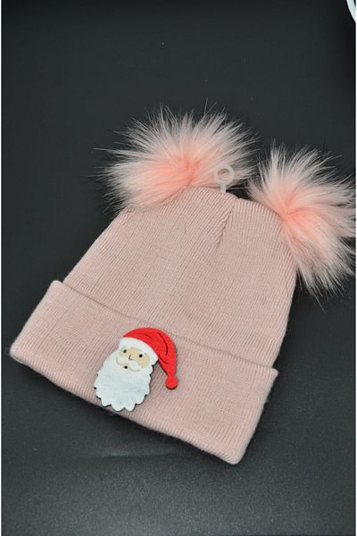 mottomia Valentine's Day Special Lilac Color Unisex Children's Beanie with Pompom and Santa Claus Figure