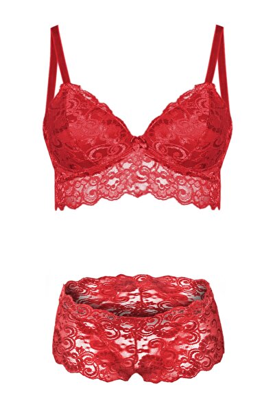 Alışveriş Meydanı Red Shorts Lace Sponge Tulle No Underwire Bralet Bra and Panty Set
