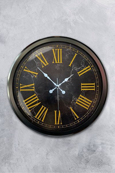Kasva Concept Gift Decorative 52 cm Black Metal Marble Pattern Roman Numeral Wall Clock