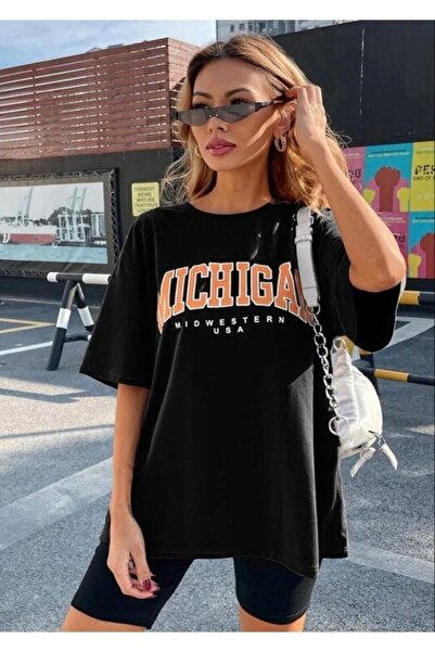 Deocept Μαύρο μπλουζάκι με στάμπα Michigan Oversize