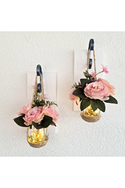 STDEKOR Duvar Dekoru Led Işıklı Pudra Pembe Gül Yapay Çiçekli Aplik, Beyaz Ikili Set