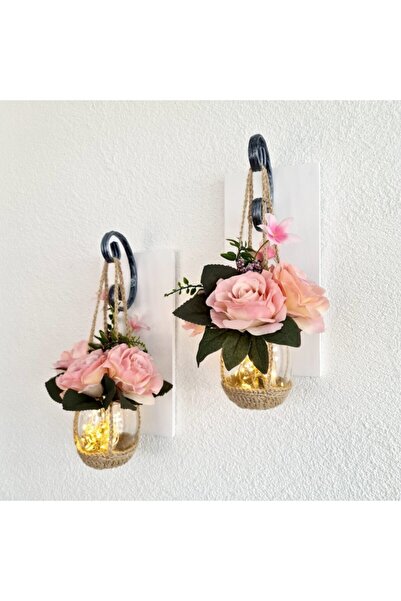STDEKOR Duvar Dekoru Led Işıklı Pudra Pembe Gül Yapay Çiçekli Aplik, Beyaz Ikili Set