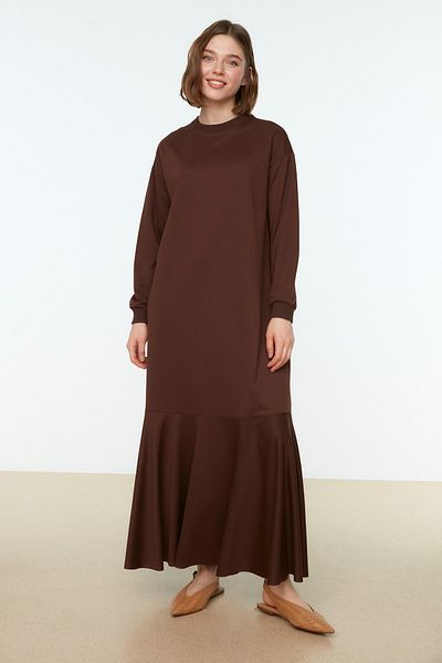 Trendyol Modest Καφέ Φούστα με λαιμόκοψη Flounce Πλεκτό Φόρεμα TCTSS22EB0219