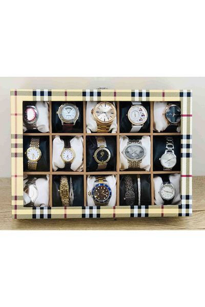 Kelepir Fırsatlar Yellow Plaid Pattern 15 Eyes Square Padded Decorative Stylish Modern Jewelry Necklace Bracelet Wristwatch Box