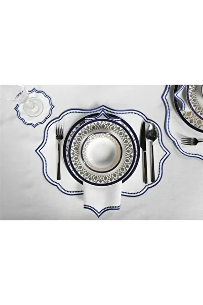 caka home design 20 Piece Tablecloth Set Lisa Embroidered Linen Effect ( Navy Blue )
