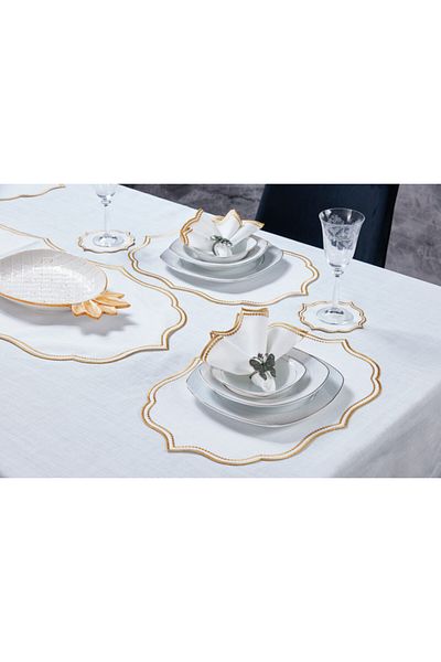 caka home design 20 PIECES TABLE CLOTH SET LISA EMBROIDERED LINEN EFFECT ( GOLD )