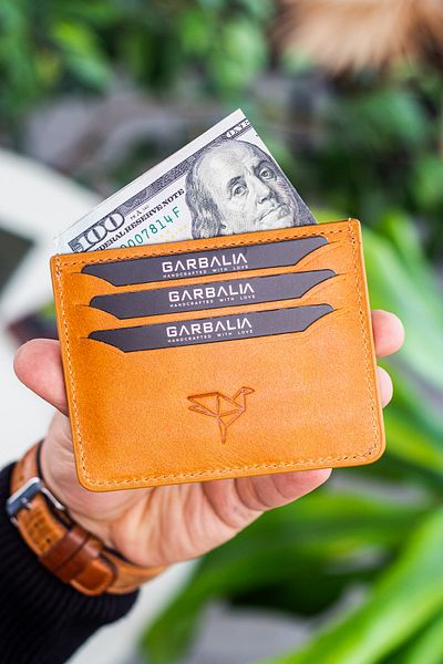 Garbalia Walteria Crazy Leather Mini Unisex Mustard Yellow Card Holder