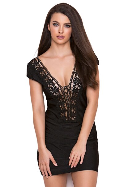 LoeFit Kadın Siyah Dantel Yaka Süper Mini Elbise Erotik Fantazi Seksi Kostüm