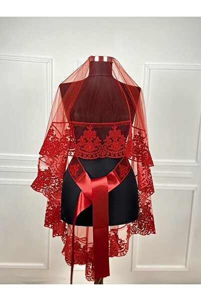 ZEYMERADE Κόκκινο Νυφικό Πέπλο Κάλυμμα Χέννα Σετ Μέγεθος Flocked Glitter