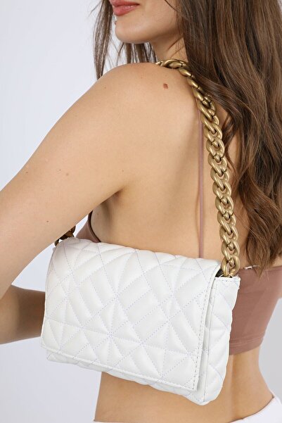 Giyimine Geantă de umăr matlasată albă pentru femei cu lanț