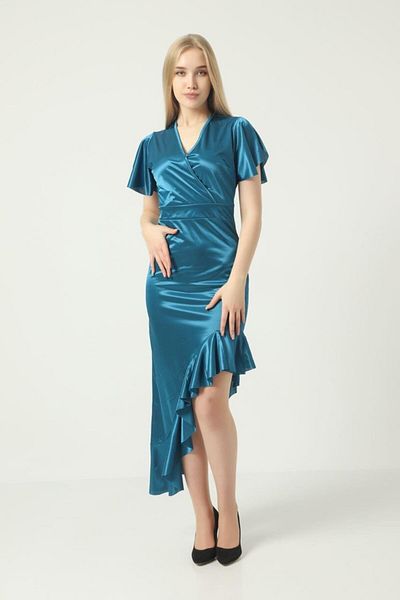 Ceylen Rochie cu volan asimetric din satin cu decolteu dublu