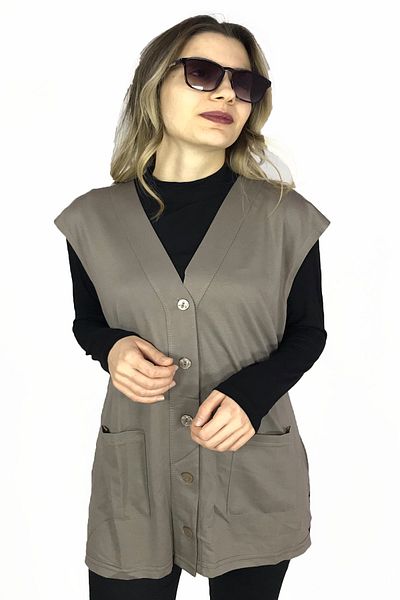 Dinçerler tekstil Women's Short Length Pocketed Buttoned V-Neck Cotton Summer Mother Vest