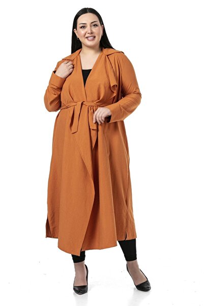 DISENTIS MODEST Büyük Beden Apoletli Yanları Yırtmaçlı Kuşaklı Uzun Kiremit C...