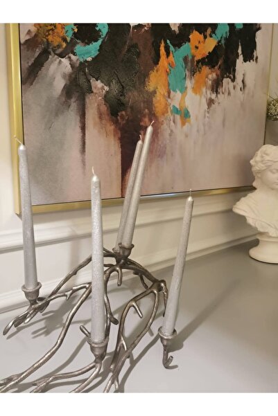 ABETE Iv Candles Gümüş Renk 3'lü Set Varaklı Şamdan Mumu