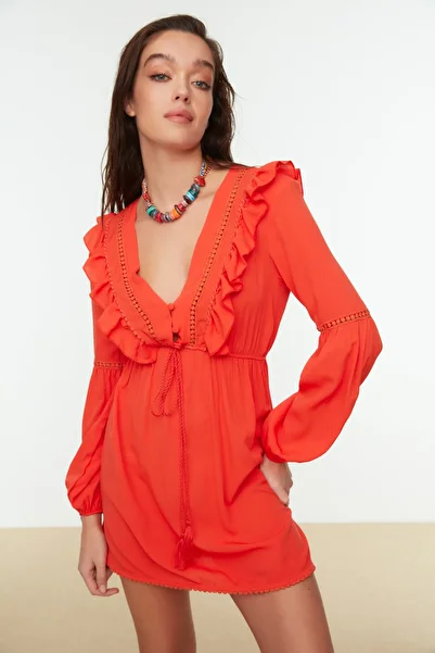 Trendyol Collection Red Ruffle Detailed Beach Dress TBESS22EL0058