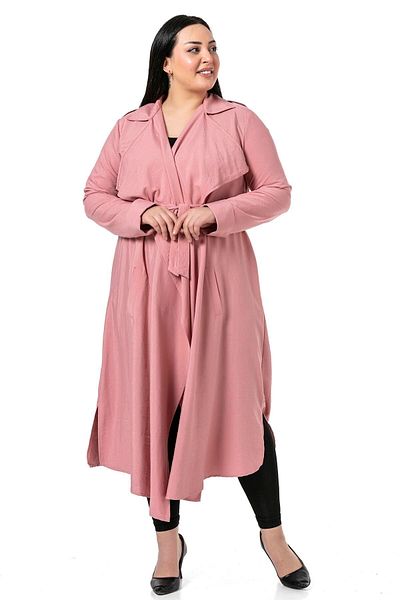 DISENTIS MODEST Plus Size - Ροζ μακρύ μπουφάν με επωμίδες, σκισίματα και ζώνη