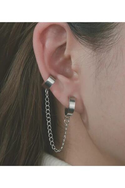 The Collection Zincir Bağlantılı Gümüş Cerrahi Çelik Halka Küpe Alt Delikli Üst Deliksiz