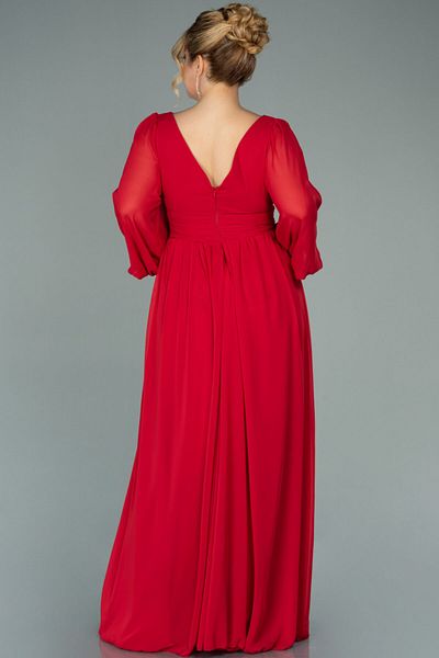 Abiyefon Red Long Sleeve Leg-Cut Chiffon Plus Size Evening Dress Abu1988
