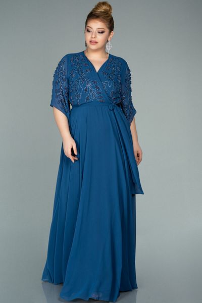 Abiyefon Stone Detailed Indigo Chiffon Plus Size Evening Dress - Short Sleeve Abu2071