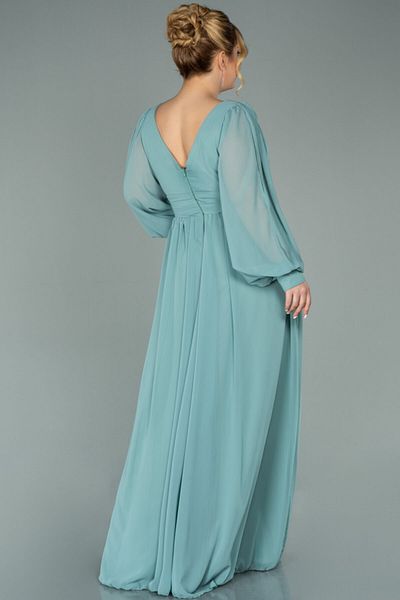 Abiyefon Plus Size Turquoise Chiffon Evening Dress - Long Sleeve and Leg Low Cut, Abu1988