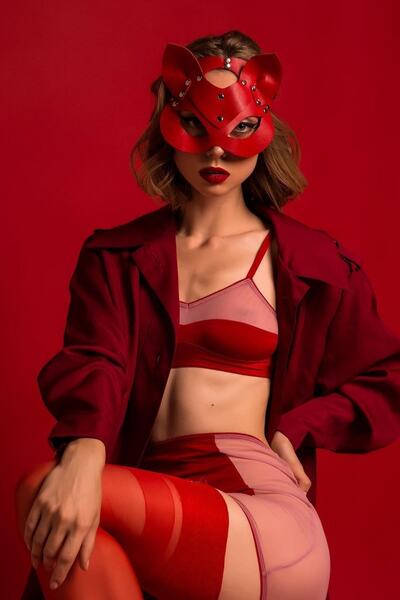 Sweet Demon Red Women Cat Leather Fancy Harness Eye Mask