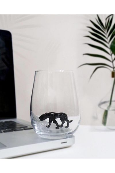 ADAMODART Single Water Glass with Black Jaguar Figure