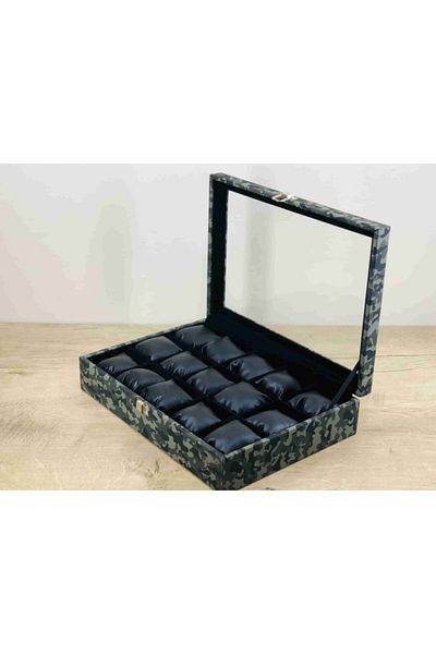 Kelepir Fırsatlar Gray Camouflage 15 Pieces Large Size Stylish Modern Black Padded Glass Cover Watch Box for Wristwatch