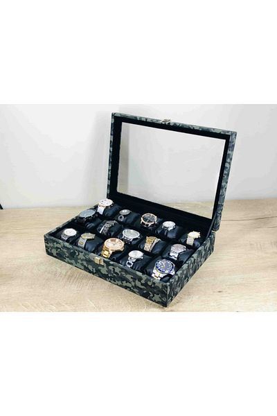 Kelepir Fırsatlar Grey Camouflage Covered 15 Wristwatch Capacity Black Padded Large Size Jewelry Necklace Bracelet Watch Box