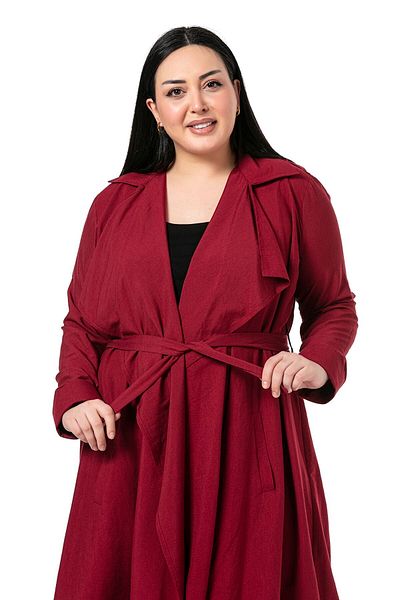 DISENTIS MODEST Marime Plus - Jachetă lungă Bordeaux cu epoleți și fante cu curea