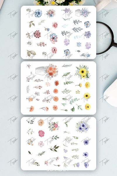 TUGİBU Floral Sticker Set 95 Pieces Stickers for Agenda, Notebook, Planner