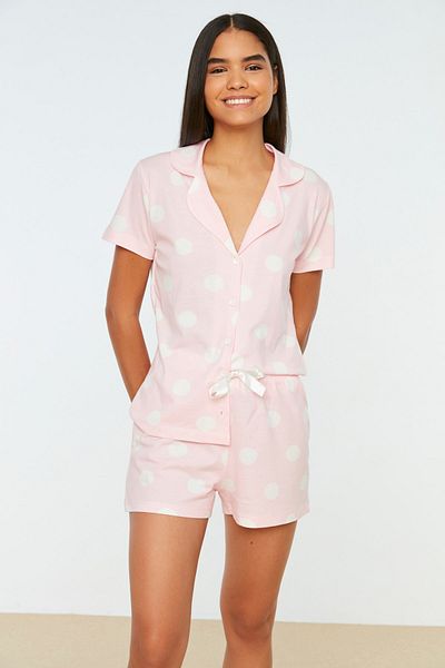 Trendyol Collection Růžové 100% bavlněné puntíkované triko-šortky Pletené pyžamové soupravy THMSS20PT0077