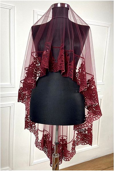ZEYMERADE Burgundy Bridal Veil, Henna Veil, Set, Flocked Glitter