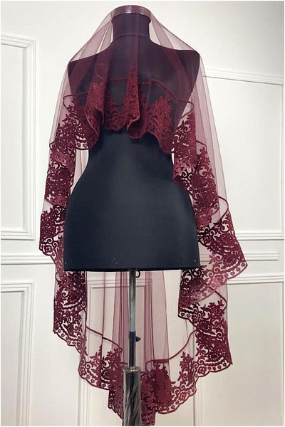 ZEYMERADE Burgundy Bridal Veil, Henna Veil, Set, Flocked Glitter