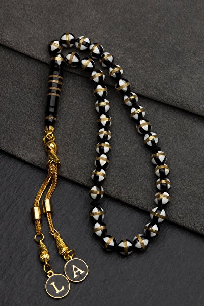 OTTOTESBİH 8mm White Enamel Embroidered Kuka Prayer Beads with Letter Tassels in Wooden Box