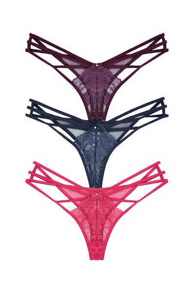 Zena 3-Piece Fancy Women's Thong Panties with Lace Front and Tulle Rope Detail on the Back