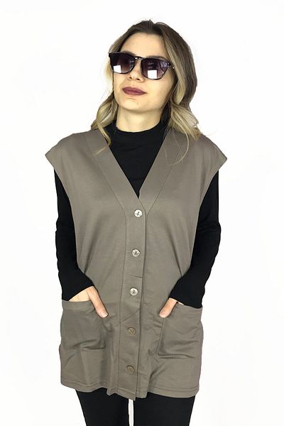 Dinçerler tekstil Women's Short Length Pocketed Buttoned V-Neck Cotton Summer Mother Vest