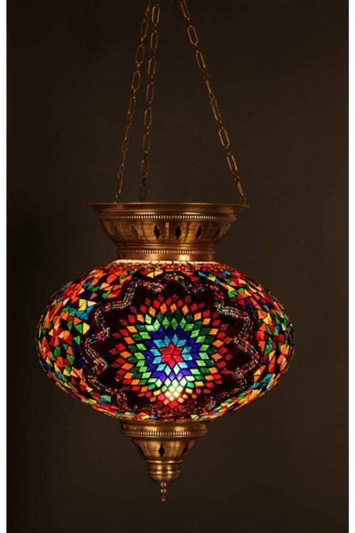 DezHome Üç Zincirli Tekli Mozaik Sarkıt Avize Otantik Bohem En Büyük Cam 30cm