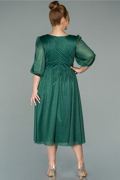 Abiyefon Emerald Green Capri Sleeve Glitter Midi Plus Size Evening Dress Abk1098