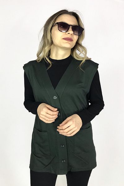 Dinçerler tekstil Women's Short Length Pocketed Buttoned V-Neck Cotton Summer Mother Vest