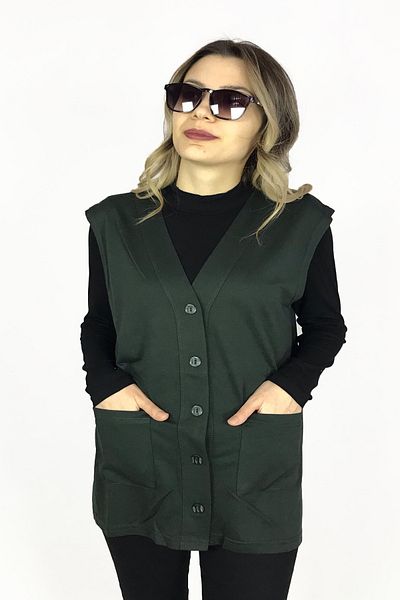 Dinçerler tekstil Women's Short Length Pocketed Buttoned V-Neck Cotton Summer Mother Vest