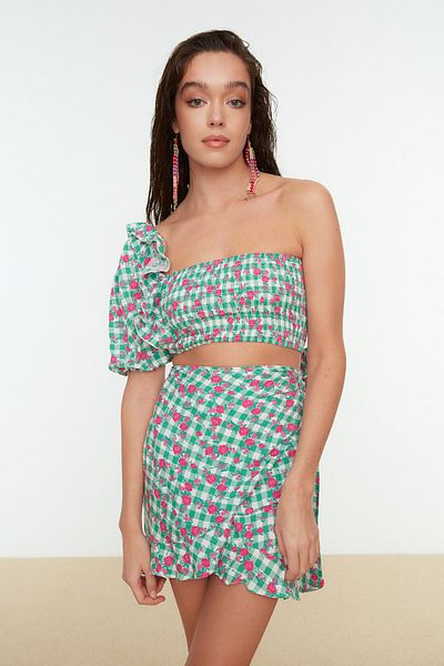 Trendyol Collection Green Floral Print Woven Ruffle One Shoulder Blouse Skirt Suit TBESS20AU0030